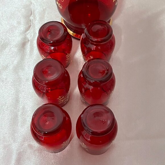 Vintage Venetian Glass Decanter 6 Glasses Set Red Gold - Picture 5 of 8